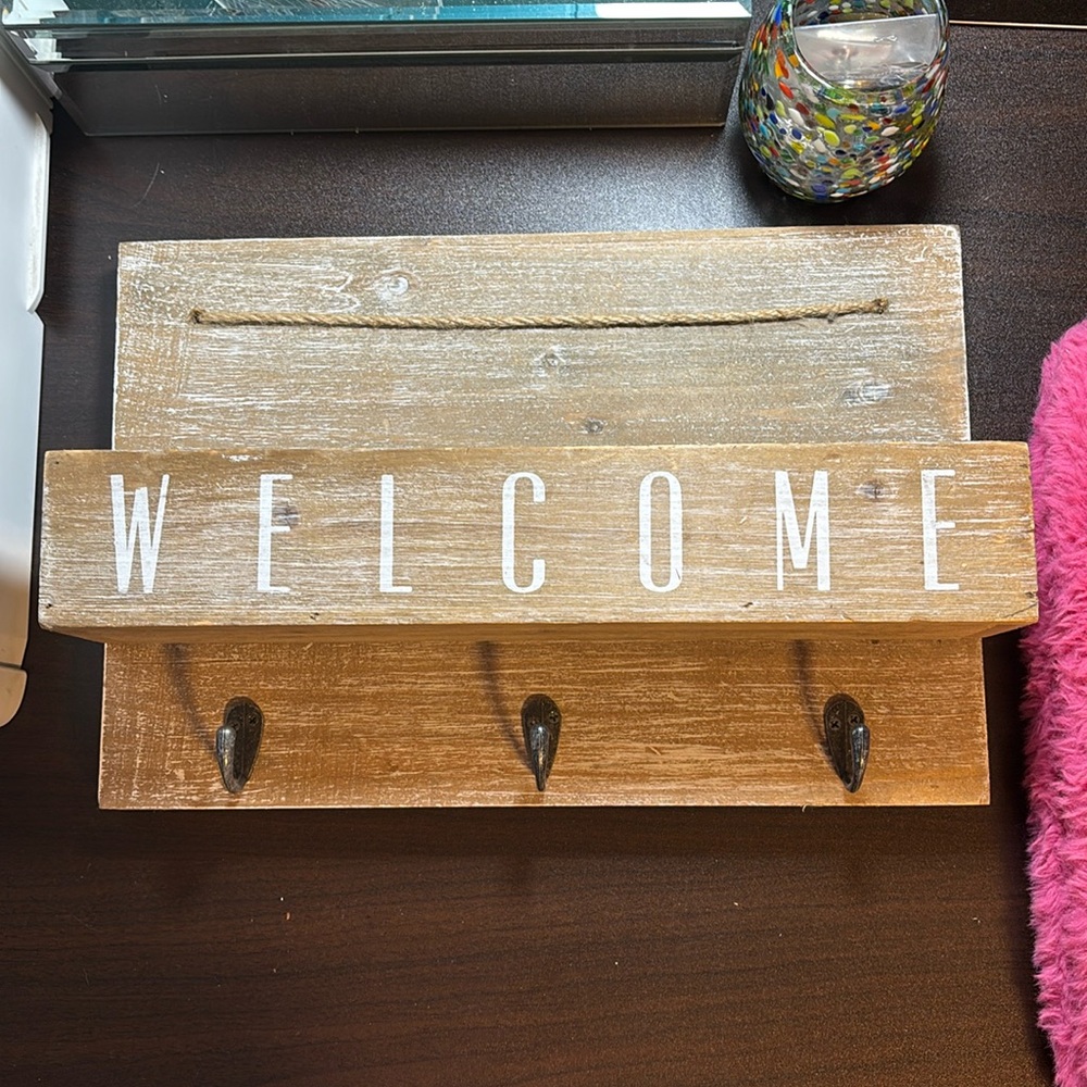 Rustic Brown wooden Welcome Wall Decor 15 x 10, has space cubby for faux